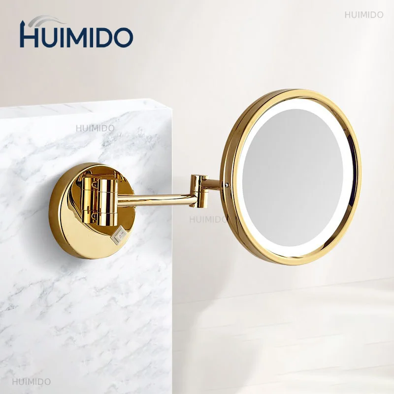 Brushed Gold Led Folding Bathroom Mirror Accessories Wall Mounted Light Makeup Mirror 8 Inch 5X Magnifying Led Bathroom Mirrors
