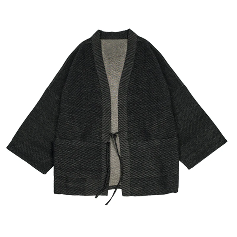 Japan Style Argyle Texture Men Stand Collar Kimono Jacket 2023 Spring Summer Three Quarter Sleeves Japanese Haori Open Placket