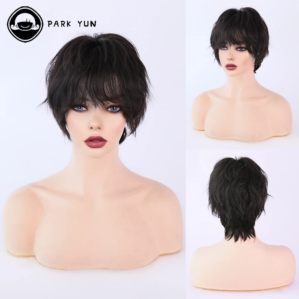 Neuter Style Black Short Hair Women Wig with Bangs Cool Girls Heat Resistant Synthetic Wig Fringe Party Daily Use Fake Hair