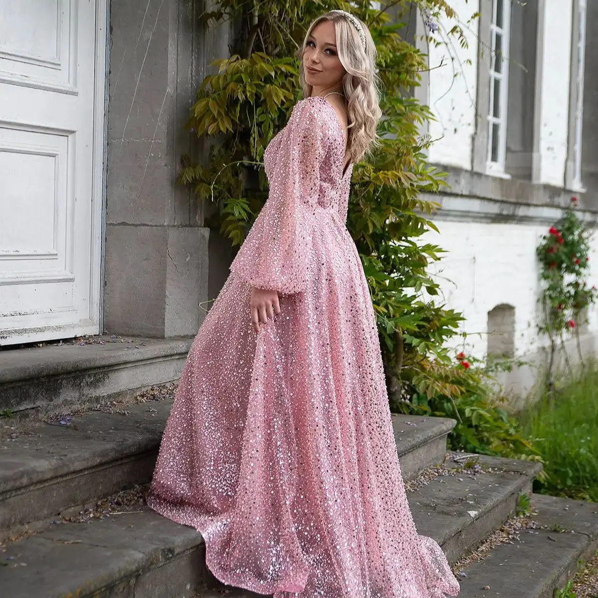 Princess A Line Wedding Dresses for Bride Woman Sequined Sequins Lace V-Neck Long Sleeve Bridal Gown Vestido De Noiva Customized