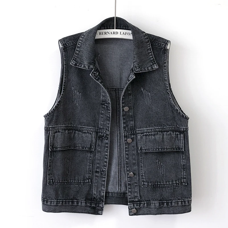 

Summer Vintage Black Blue Frayed Big Pocket Denim Vest Women Waistcoat Loose Short Cowboy Sleeveless Jacket Jeans Vests Female