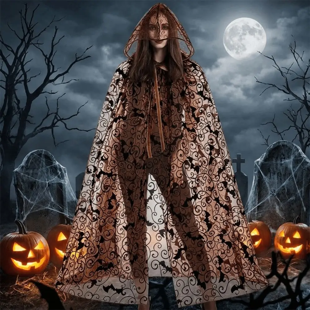Gothic Style Lightweight Halloween Hooded Cape Semi-transparent Black Spider Web Mesh Cardigan Bat Creative Long Cloak Costume