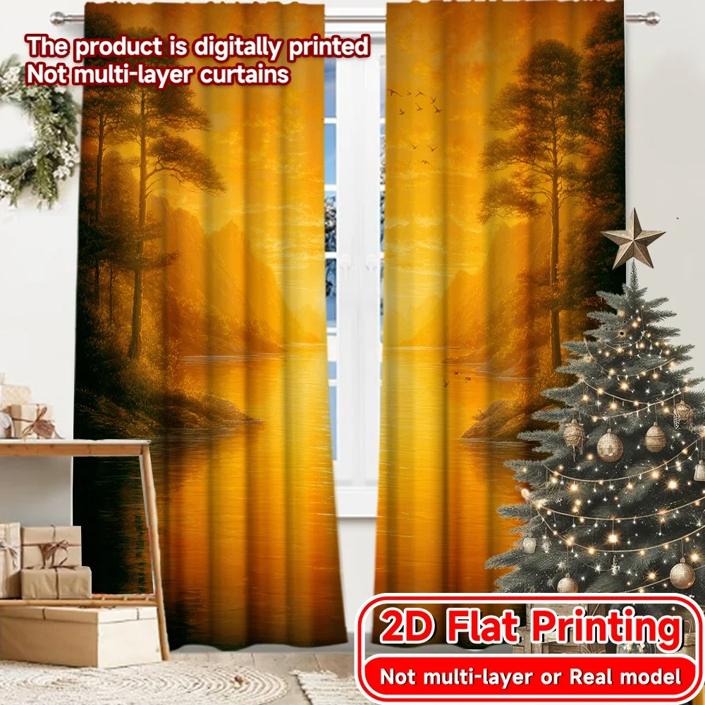 2D FLAT PRINTING 2pcs Curtains (Without Rod) Autumn Sunset Reflection New year Festival Fashion Curtains Fabric Curtains Gifts