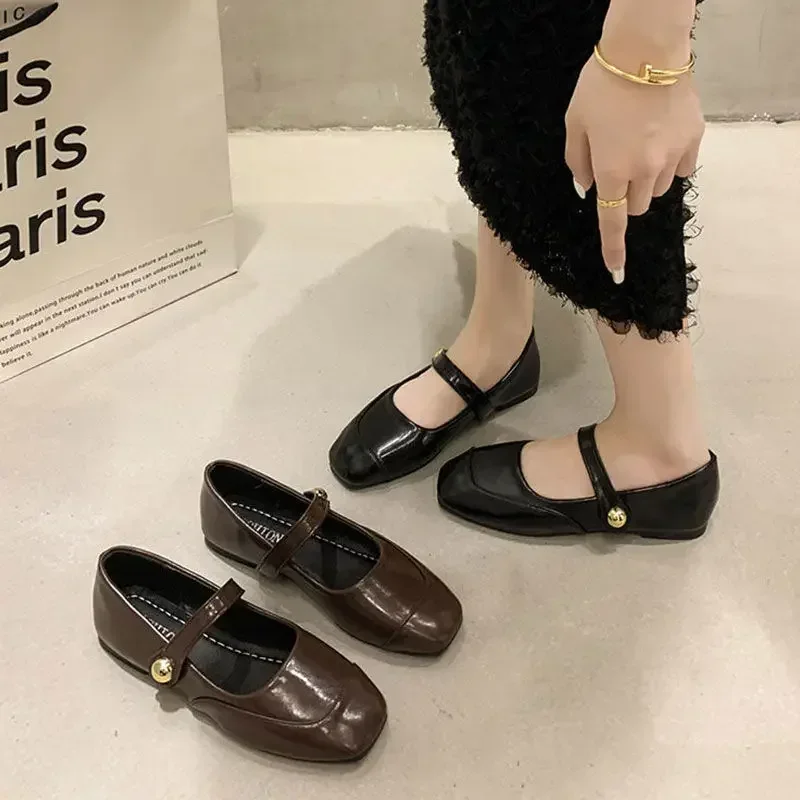 Women's Shoes French Retro Single Shoes New Autumn Brown Flat Bottom Mary Jane Square Toe Anti Slip Comfortable Women Shoes