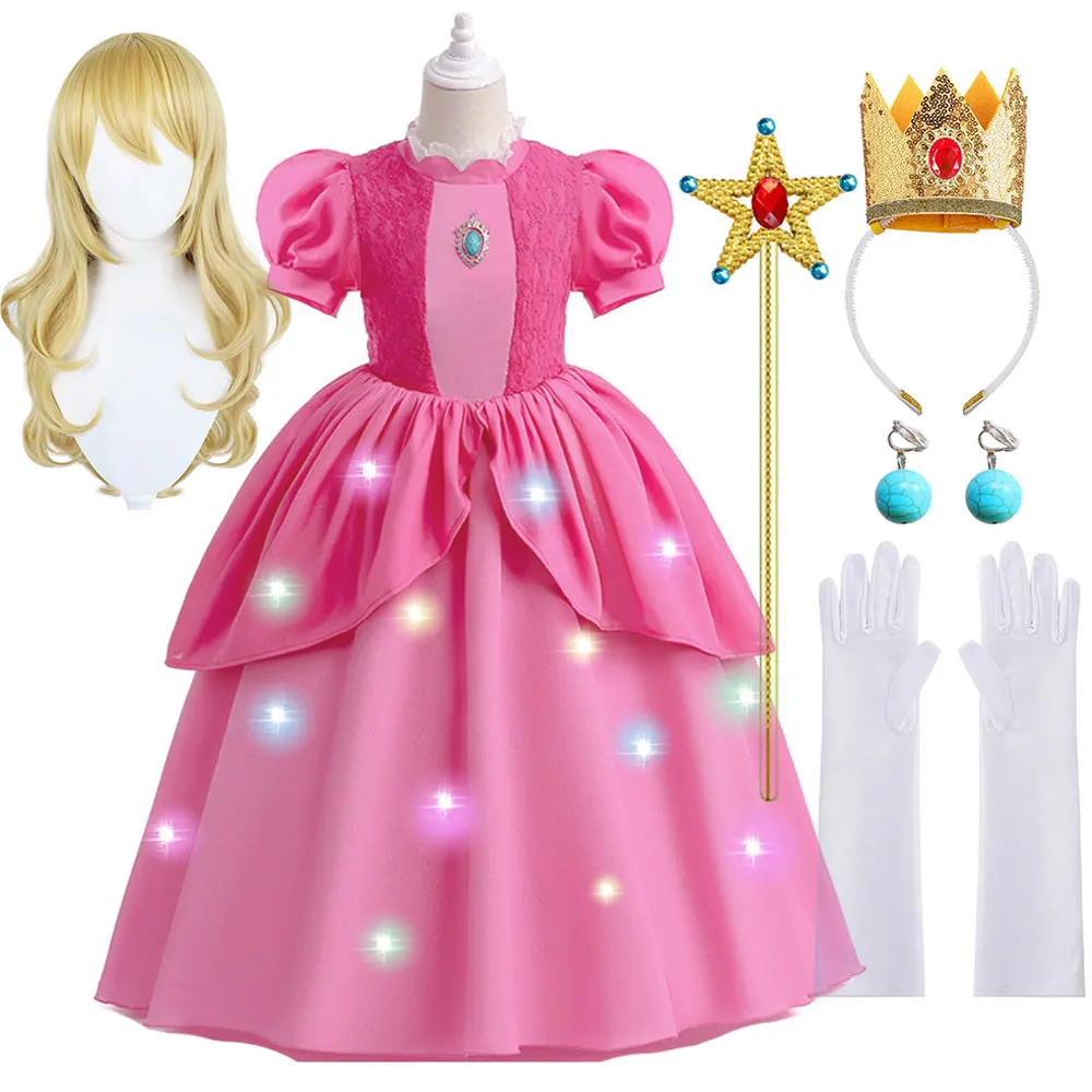 

Disney Cosplay Princess Peach Costume With LED for Girl Summer Bubble Sleeve Halloween Christmas Party Elegant Dress 2-10 Yrs