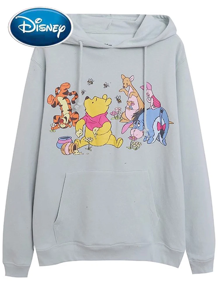 Disney Sweatshirt Winnie the Pooh Bear Eeyore Pig Tigger Cartoon Print Women Long Sleeve Hooded Pullover Fleece Jumper Tops