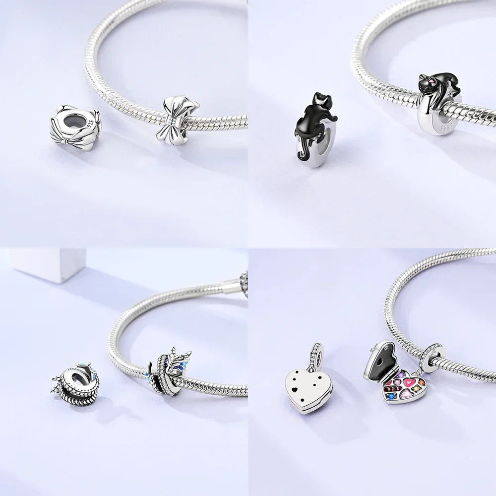 925 Sterling Silver Bow Pink Heart Charms Beads Fit Original Bracelets Bag Keychain Charms Beads Pendant Diy Women Jewelry Gift