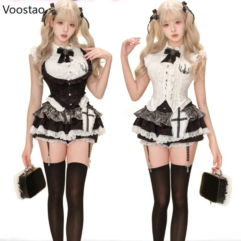 

Japanese Gothic Y2k Lolita Style Skirt Set Women Sweet Bow Sleeveless Tops Vest Lace Mini Cake Skirts Suit Female Kawaii Outfits