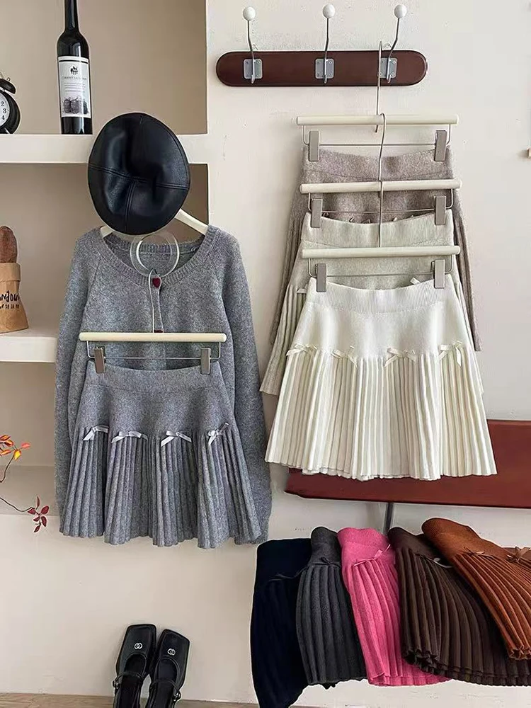 

Sweet Bow Knitted Pleated Skirt Women Autumn Winter High Waist Solid Casual Mini Skirts Y2K Korean Kawaii Preppy A Line Skirts
