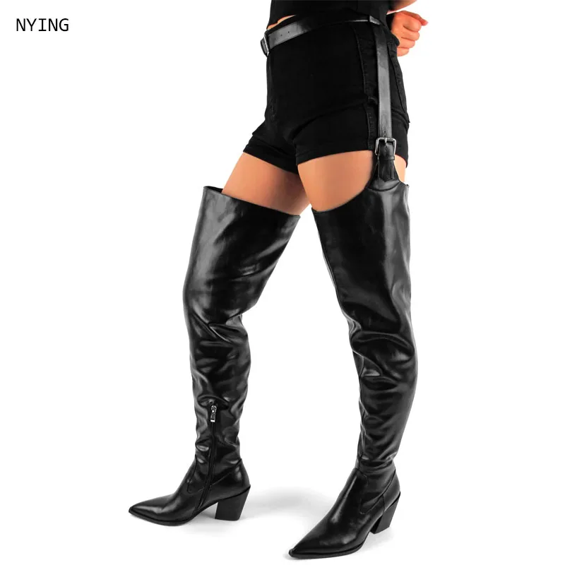 

2026 Women Sexy Side Zipper Thigh High Boots Female Belt Trousers Boots Ladies Flock Pointed Toe Suqare High Heels Boots 44