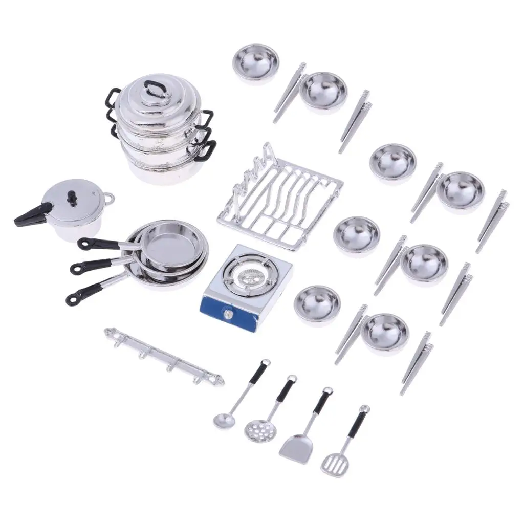 

Dollhouse Cookware Set Silver Metal Kitchenware Mini Tableware Toy Kitchen for Girl Dollhouse Furniture Play