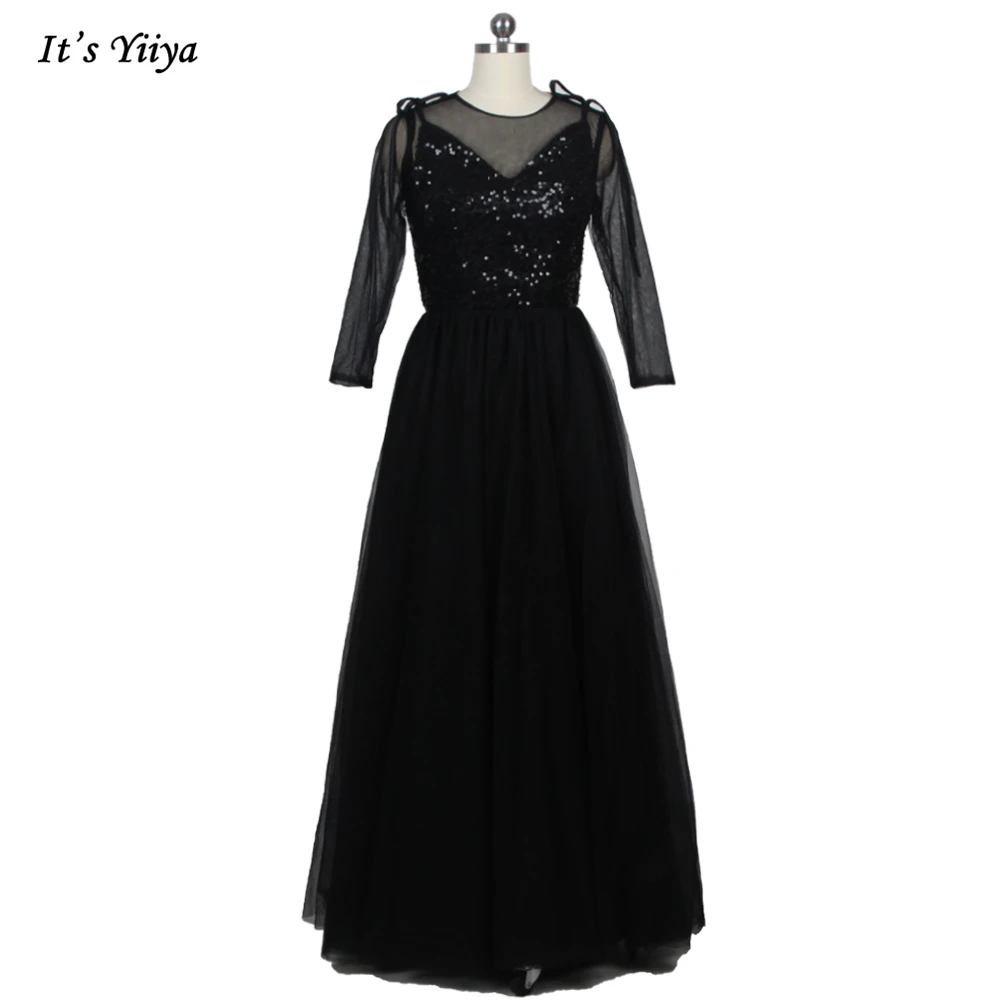 

it's YiiYa Evening Dresses New Black Sequins illusion O-neck Full Sleeves A-line Floor Length Plus size Women Party Dress E453