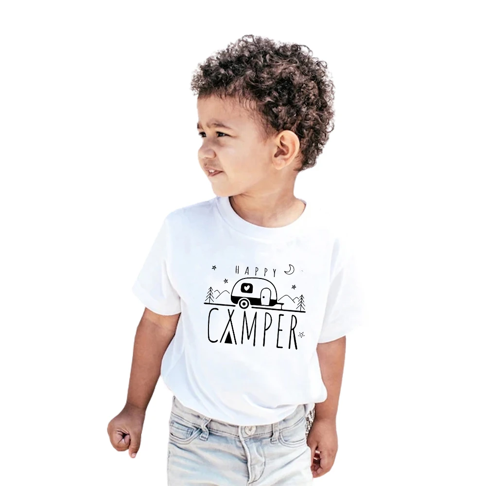 Happy Camper kids cotton t shirt Camping shirt Hiking shirt Outdoors shirt Nature shirt summer graphic tees tops gift for son