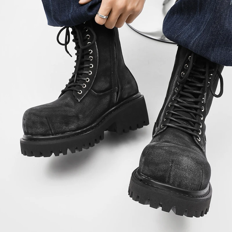 Men High Top Retro Work Boots Lace Up Washed Canvas Platform Thick Heel with Side Zipper Fashionable Motorcycle Boots Sizes38-46