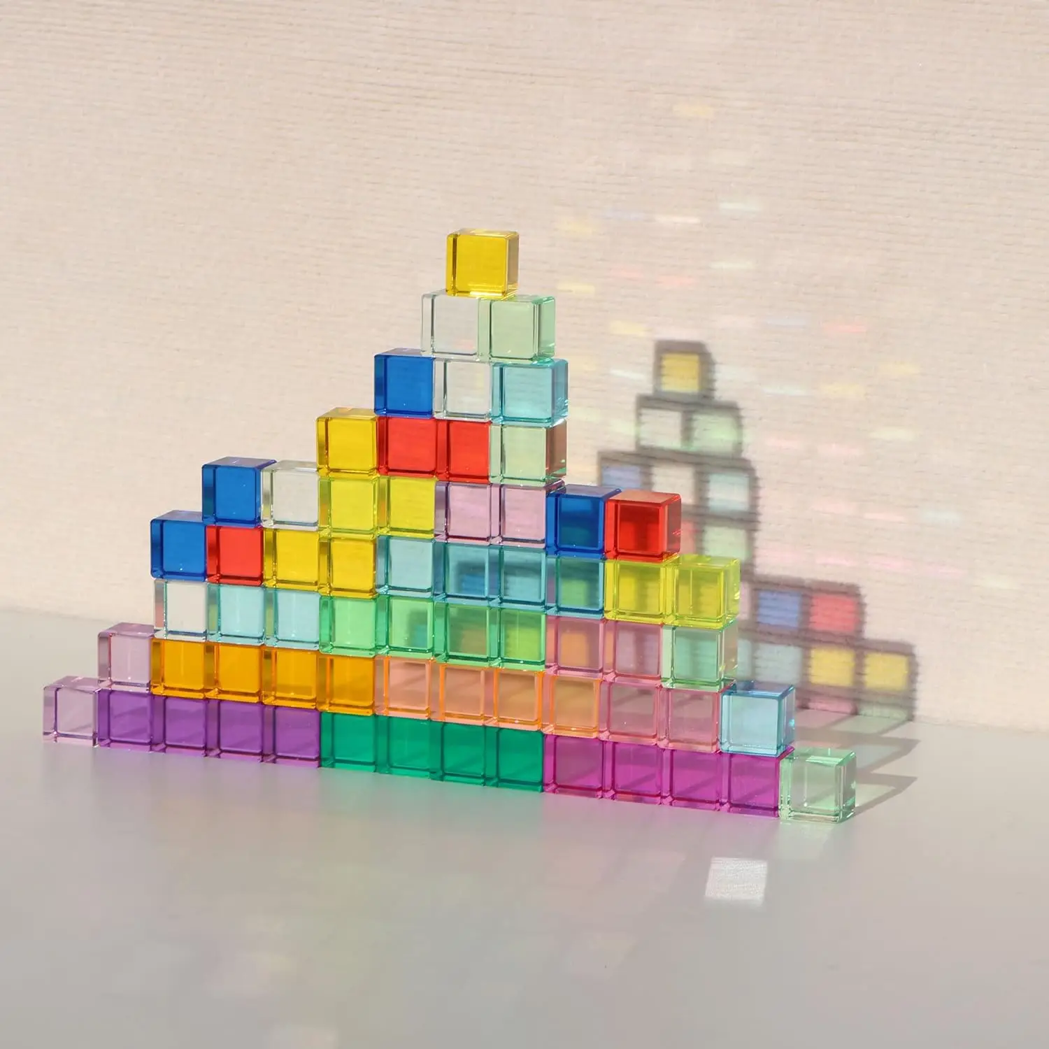 Rainbow Crystal Acrylic Cubes Children Learning Color Light Shadow Toy, Stacking Gem Blocks Sensory Building Blocks for Kids(64P