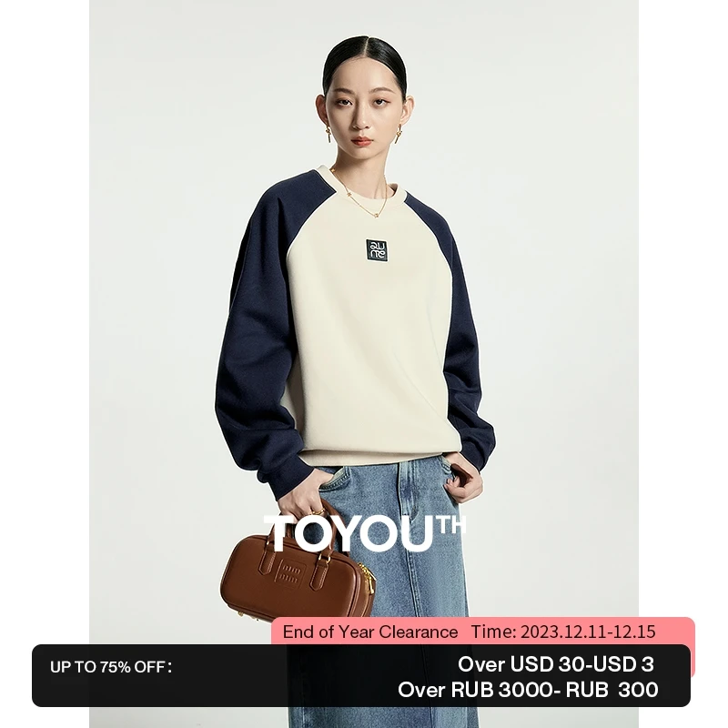 

Toyouth Women Fleece Sweatshirt 2023 Autumn Contrast Raglan Sleeve O Neck Loose Hoodies Logo Leather Label Casual Warm Pullover