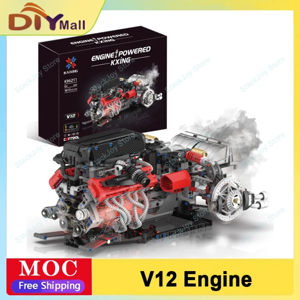 

K96211 1610PCS V12 Supercar Engine Building Set Programmable LED Lighting Model with App Control for Adult Builders Xmas Gift