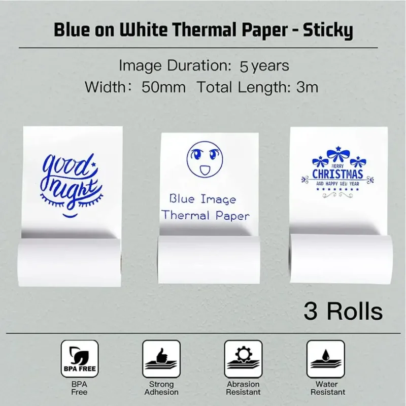 Blue on White Thermal Paper ticky Blue Prints White Paper 3 Rolls 57mm Thermal Paper for Pocket Printer Photo Texts Study Notes