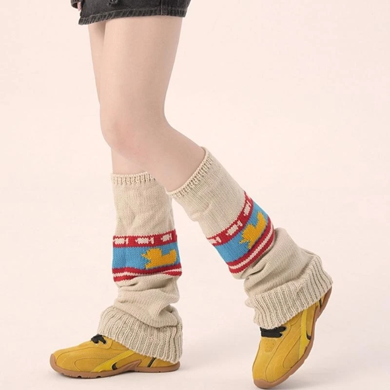 Women 90s Vintage Flared Long Leg Warmer Footless Socks Knit Cartoon Animal Pattern Boot Covers Stockings Streetwear 15UB