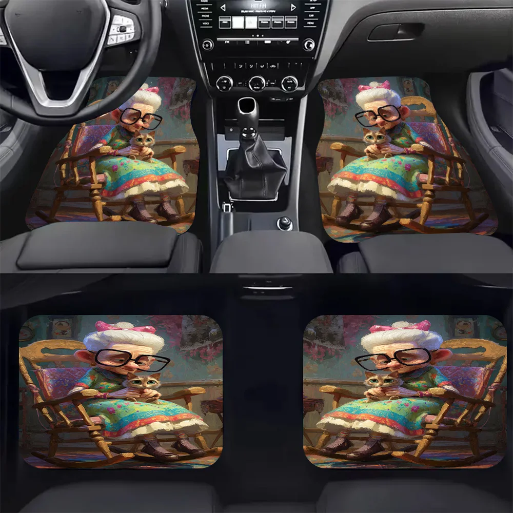 4pcs Grandma's Cat Comfort Printed Car Floor Mats - Stylish, Easy To Clean, Durable & Long-Lasting Protection For All Vehicles,
