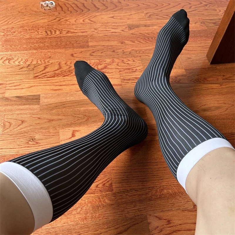 

Мужские эластичные полосатые деловые носки, прозрачные сексуальные чулки, мужские ультратонкие высокие носки, прозрачные формальные чулки