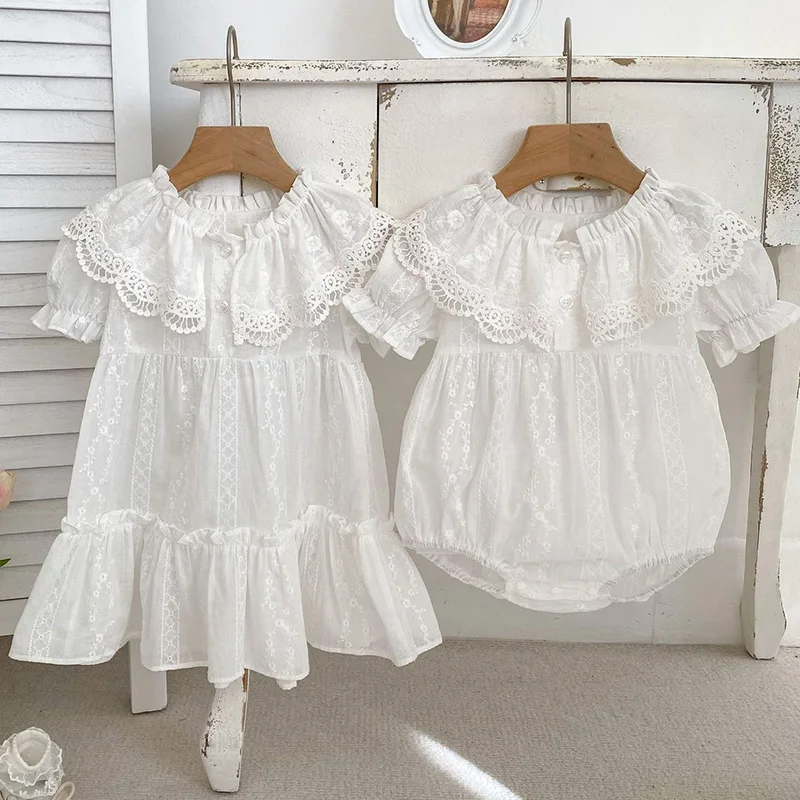 New Summer Sisters Clothes Kids Party Dress Girls Princess Dress Short Sleeved Cotton White Lace Sisters Toddler Baby Bodysuits