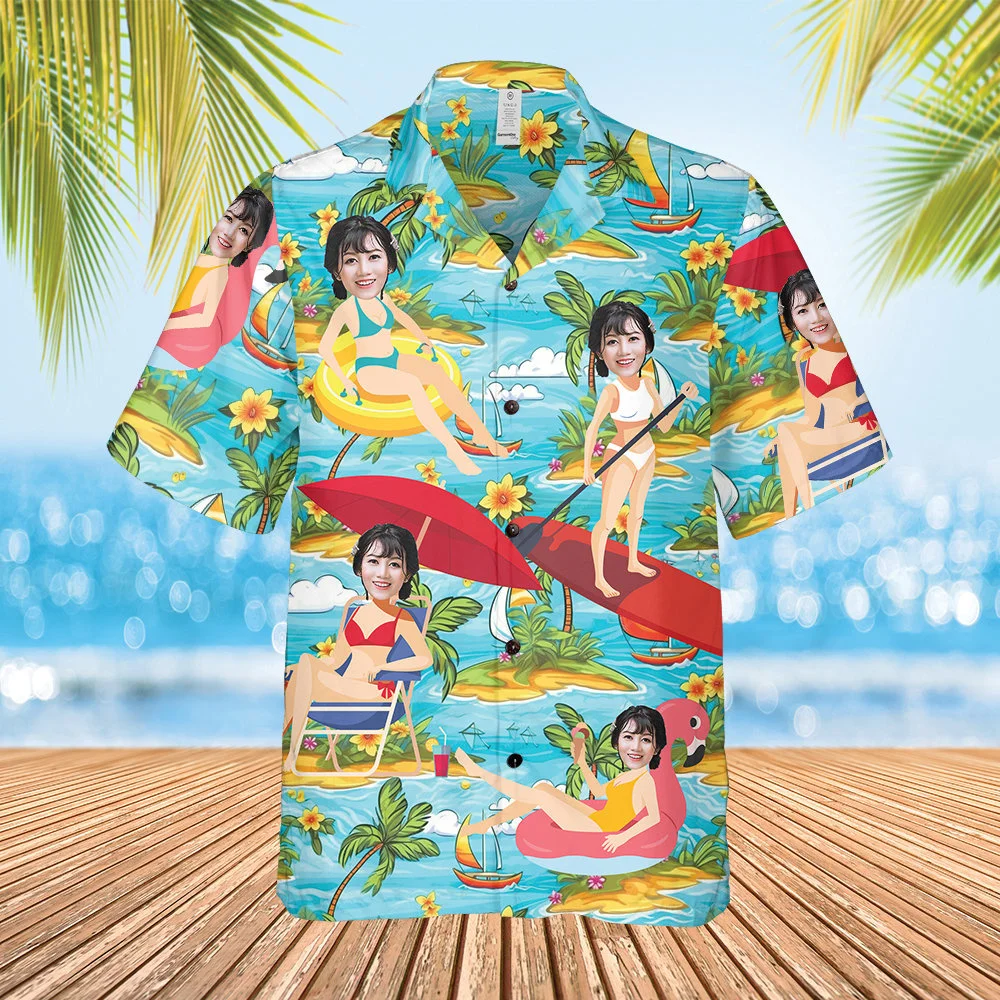 New Personalized Photo Hawaiian Cartoon Shirts Custom Face Tropical Pattern Shirt For Men Women Birthday Bachelor Party Gift