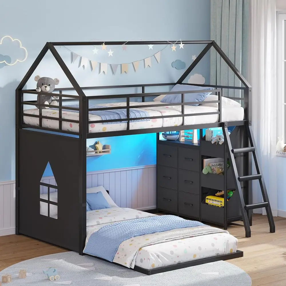 

Twin Over Twin Bunk Bed with Storage Drawers, Open Bins, LED Lights, Safety Guardrail & Ladder