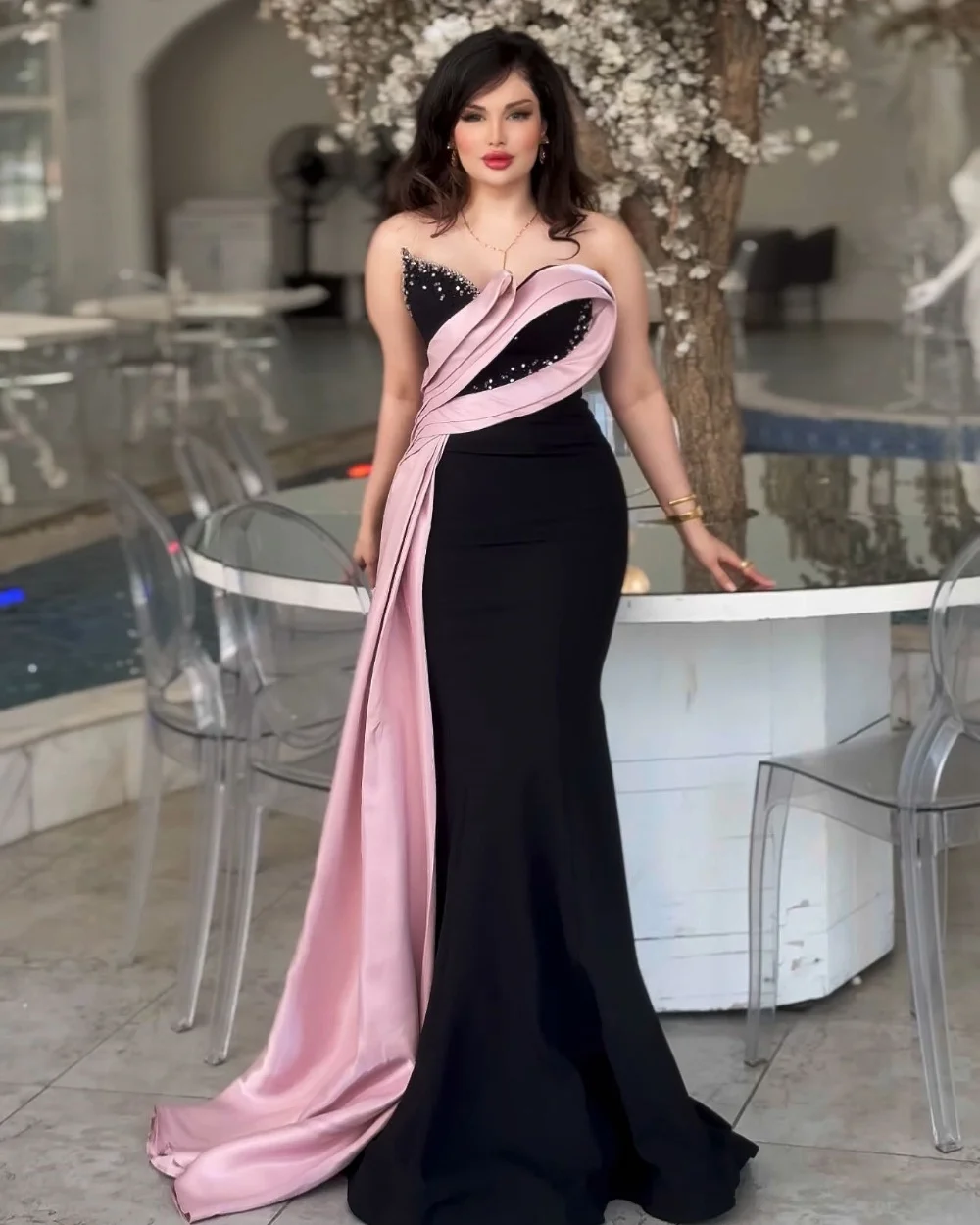 

Customized Sexy Modest Jersey Pleat Ruched Draped Rhinestone Mermaid Strapless Long Dresses Evening Dresses for Woman Classic