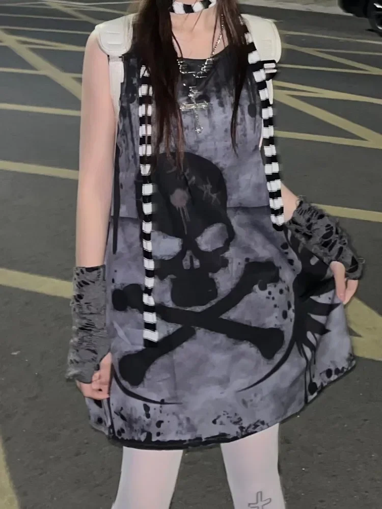 

Subculture Gothic Skull Print Sundress Punk Rock Sleeveless Dress Long Tshirt Women Goth Grunge Grey Mini Dress