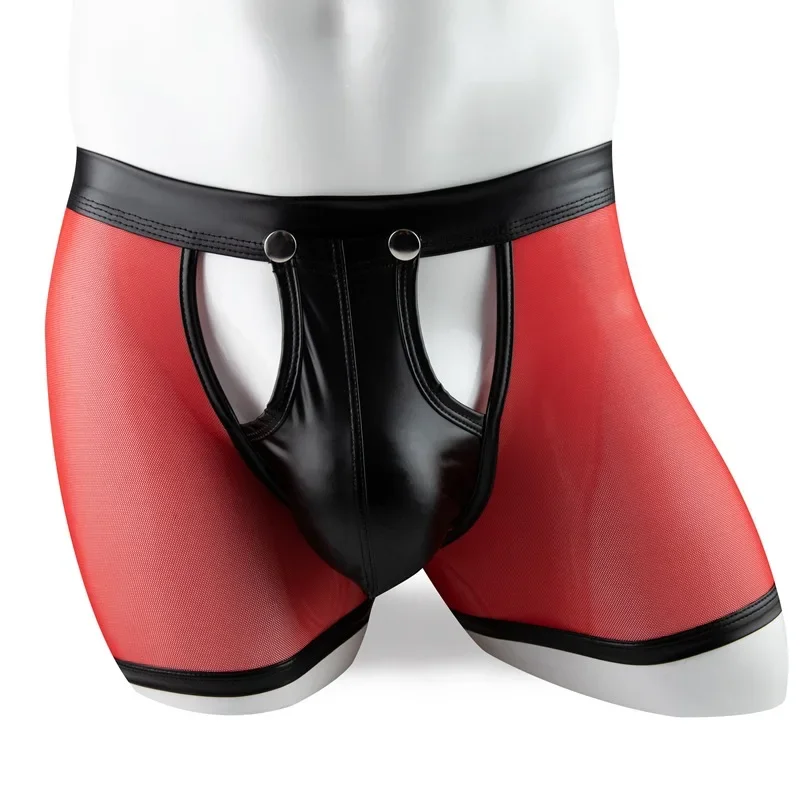 

Men's Boxers Shorts Transparent Mesh Underwear Man Panties Faux Leather Detachable Buckle Pouch Underpants Calzoncillo