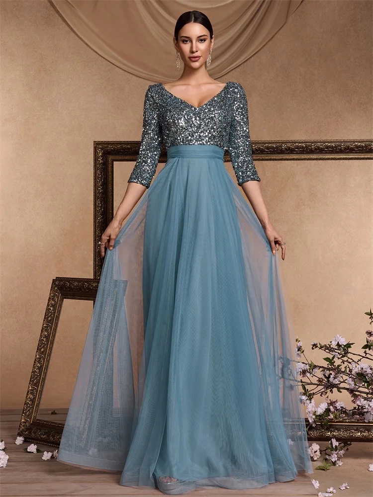 XUIBOL Elegantes Abendkleid mit V-Ausschnitt und langen Pailletten in Blau 2024, Damen-Meerjungfrau-formales Kleid mit langen Ärmeln, Hochzeit, Party, Maxi-Abschlussballkleid