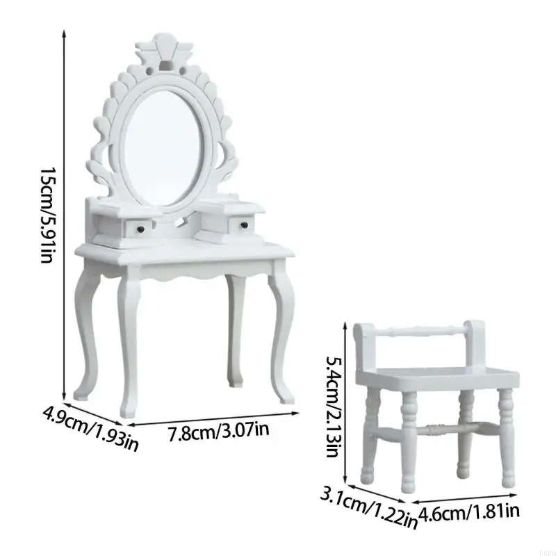 드레서 테마 1/12 스케일 모델 가구 나무 드레싱 테이블 좌석 장식 세트 L8RB