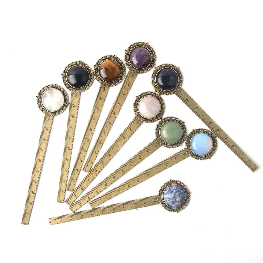 Segnalibro in metallo con righello retrò con pietre di cristallo naturale Segnalibri in quarzo rosa occhio di tigre Strumento per marcare pagine in lega intrecciata con pietre preziose