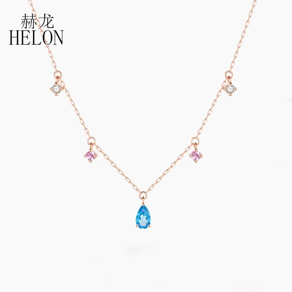 HELON Solid 18K Rose Gold Natural Diamonds Pink Sapphire Necklace Real Blue Topaz Pendant Trendy Classic Lock Chain Charm Gift