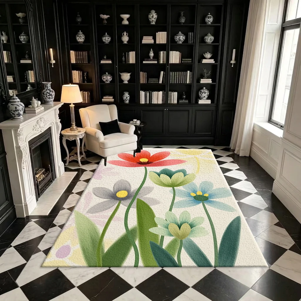 Vibrant Hand-Painted Wildflower Art Rug, Colorful Daisy Print Square Rug, Suitable for Home Interior Decoration
