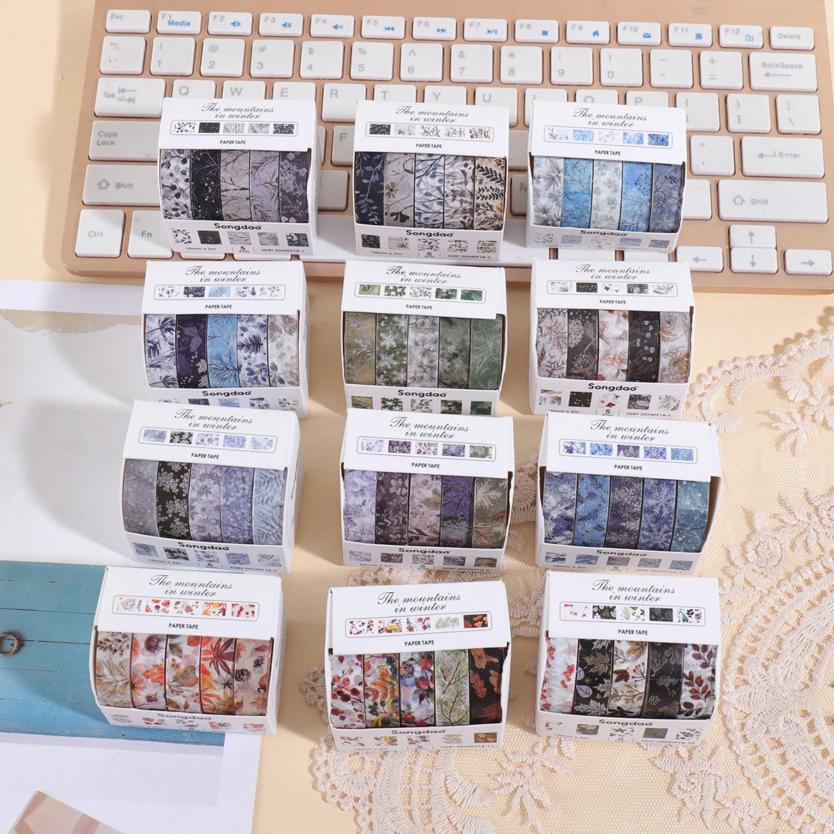 5 Rolls Winter Forest Washi Tape Set, Floral Snowflake Botanical, for Scrapbook Journaling Gift Wrapping, DIY Craft Supplies