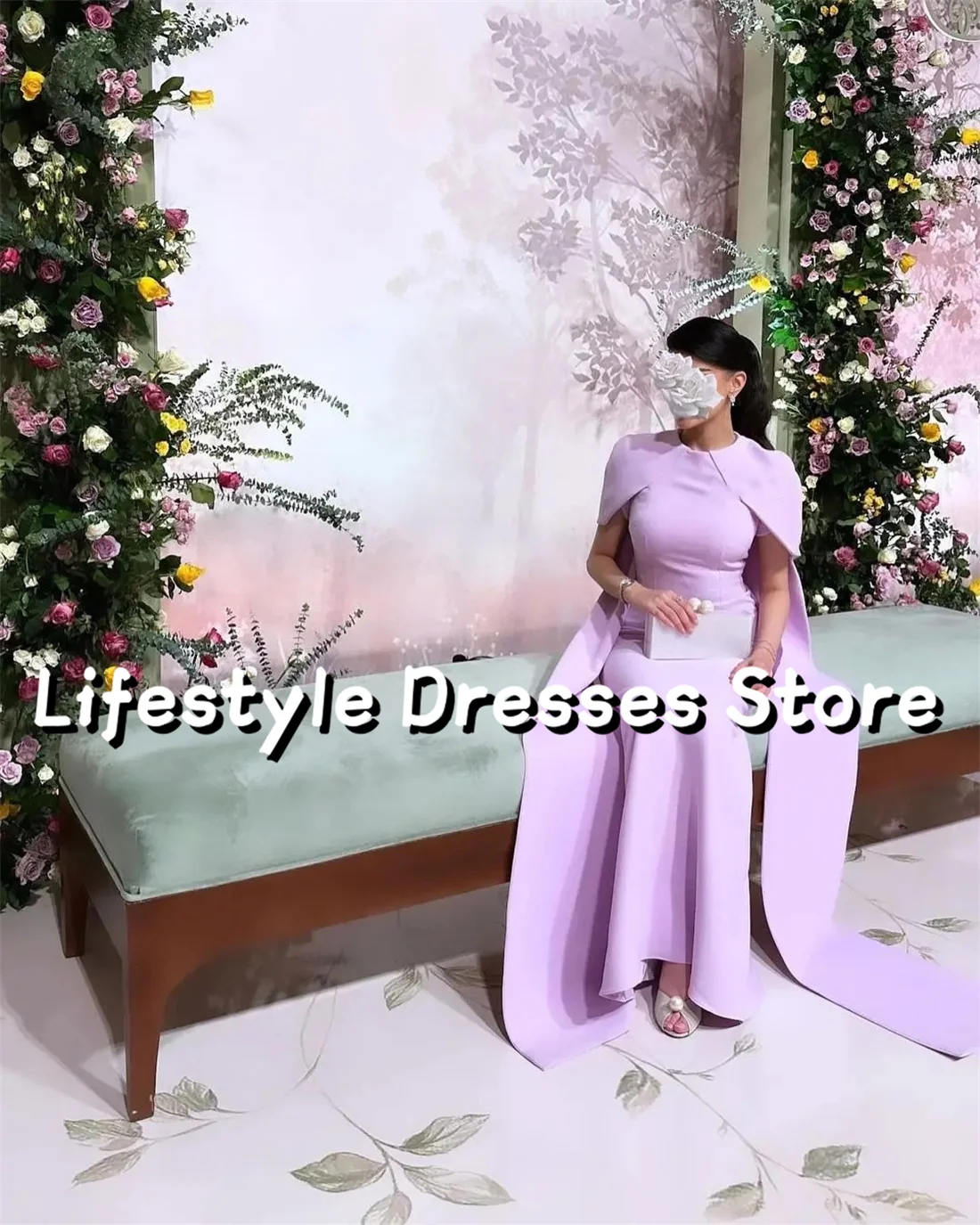 Customized Lavender Mermaid Evening Dresses 2024 Short Sleeves Long Cape Wedding Prom Gowns Formal 피로연드레스