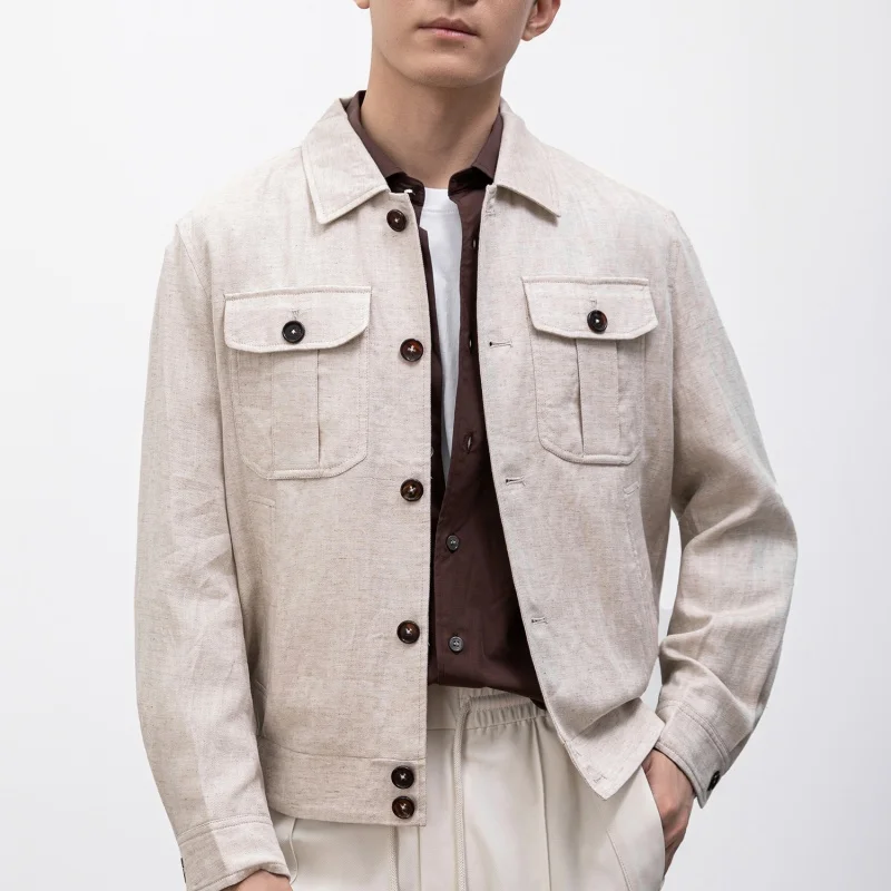 

Высококачественная повседневная осенняя универсальная мужская куртка на пуговицах из хлопка и льна для бизнеса и отдыха с короткими рукавами