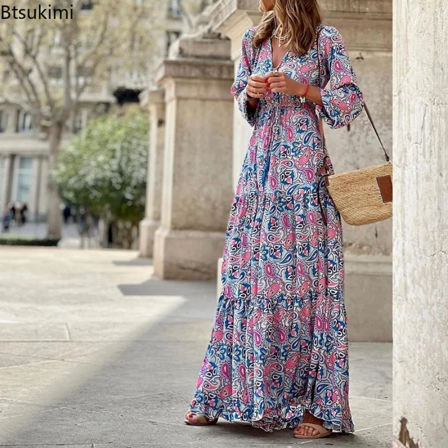 Vestido playero con estampado Floral para mujer, cuello en V elegante con túnica, manga 2024, estilo bohemio, ideal para vacaciones de verano, novedad de 3/4