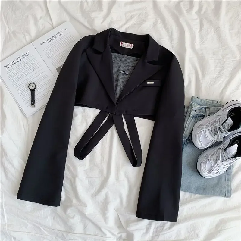 Cropped Blazers Women Bandage Casual Black Personality All-match Spring Chic Loose Korean Style Fashion Long Sleeve Ulzzang Ins