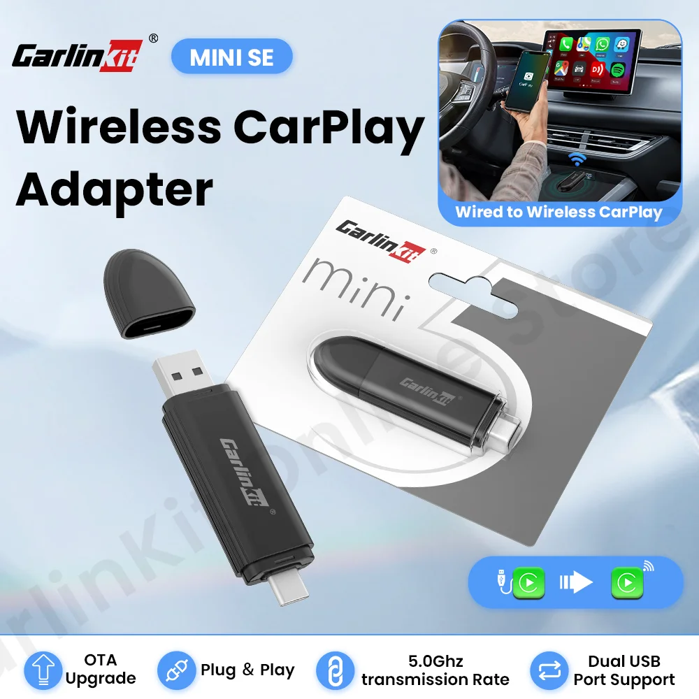 Carlinkit adaptor mobil Mini SE berkabel ke nirkabel, koneksi mulus untuk Carplay berkabel OEM alat nirkabel FOTA Upgrade