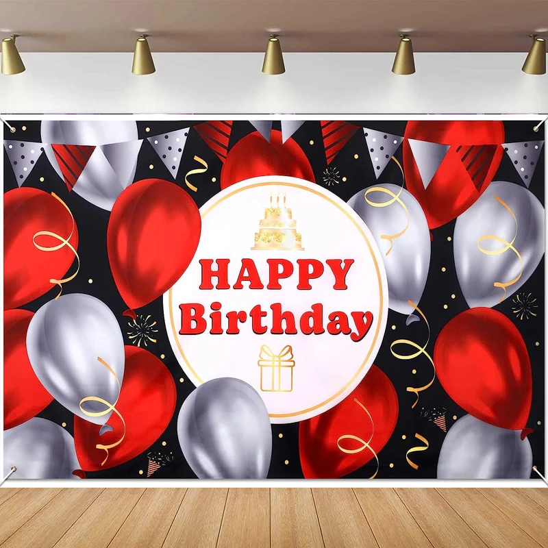 Photography Backdrop Large Red Sign Banner Red Black Silver For Men Women Happy Birthday Party Interior Decor Background Poster