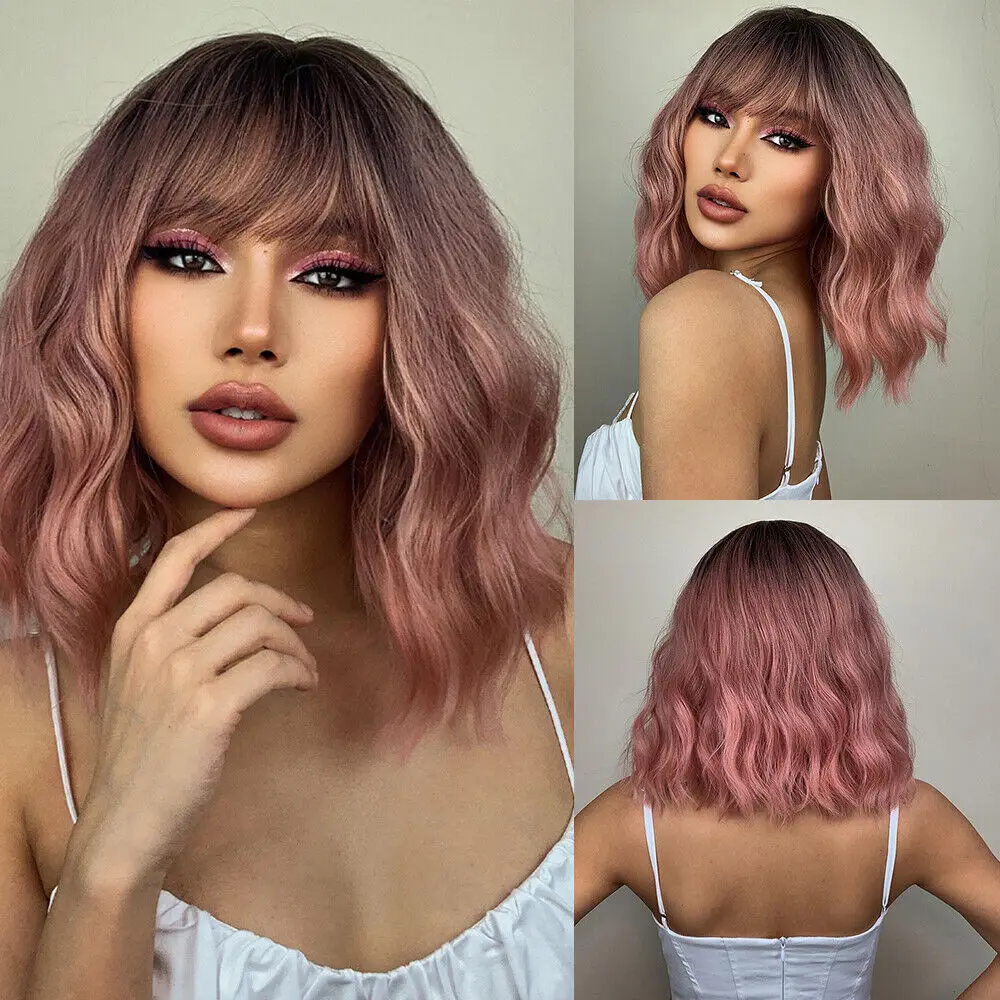 

Natural Ombre Pink Synthetic Hair Women Curly Wig Bangs Daily Use