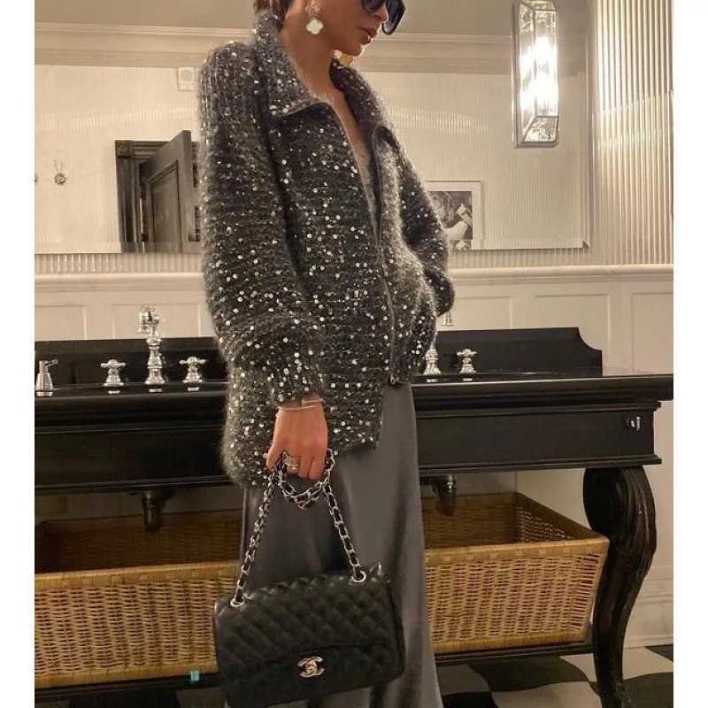 Autumn And Winter New Women's Small Fragrance Fashion Bead Design Knitwear Jacket