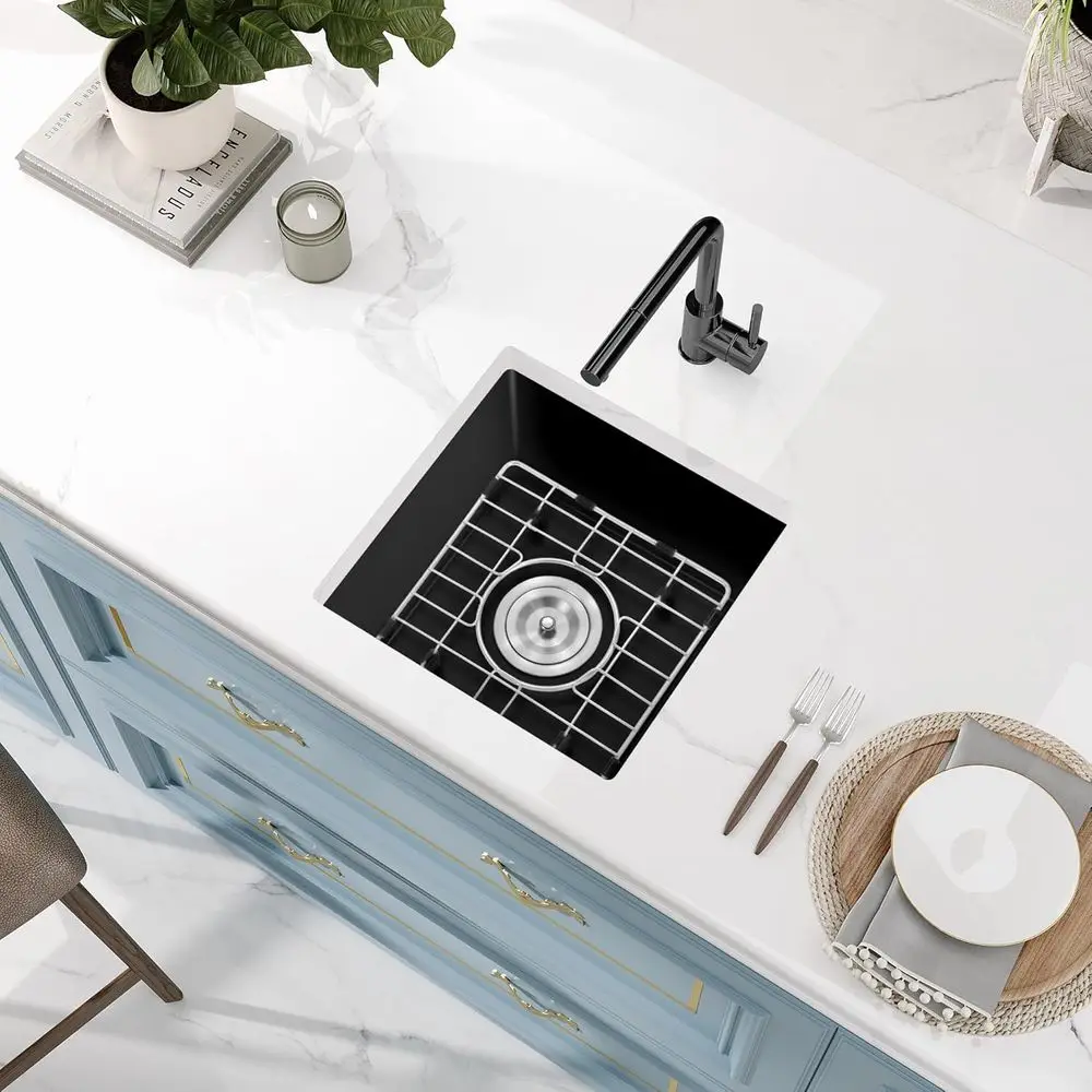 

Black Bar Sink Granite Composite,15''x15'' Matte Black Bar Sink Undermount,15 inch Small Single Bowl Quartz Kitchen Sinks with A