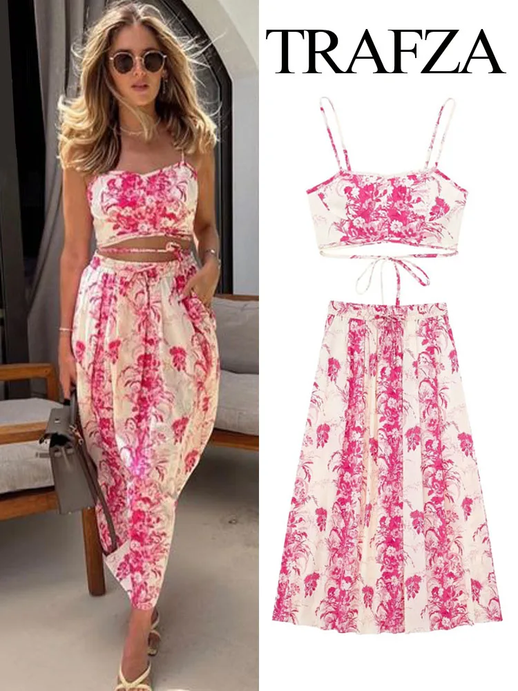 TRAFZA Summer Suits For Women\'s 2023 Pink Print Sleeveless Backless Crop Top+Printed Drawstring A-Line Skirt Female Bohemian Set