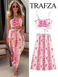 TRAFZA Summer Suits For Women's 2023 Pink Print Sleeveless Backless Crop Top+Printed Drawstring A-Line Skirt Female Bohemian Set