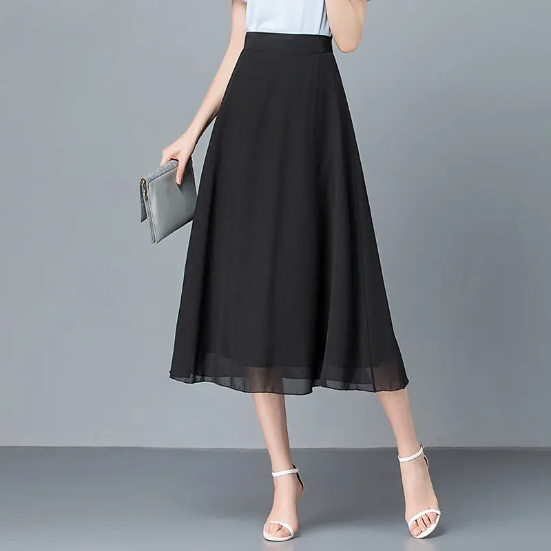

Double Layer Chiffon Skirt Women Summer New Mid-Length Skirt Draping A-Line Skirt High Waist Plus Size Slimming Umbrella Skirt