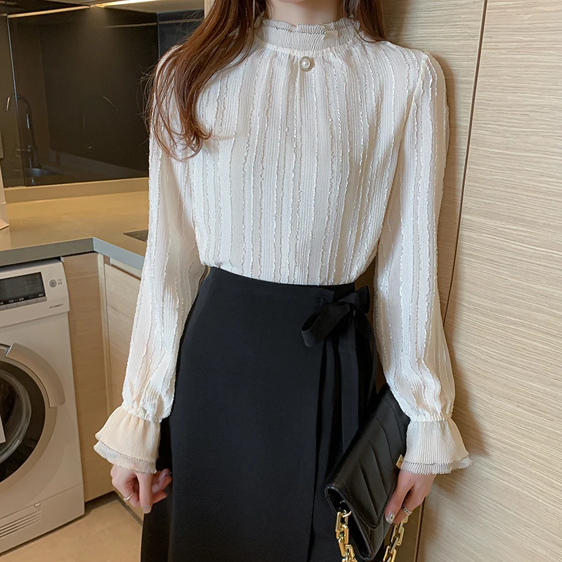 Long Sleeve Stand Collar Chiffon Blouse Shirt Blouse Women Blusas Mujer De Moda 2024 Women Clothing Female Tops Women Blusa E127